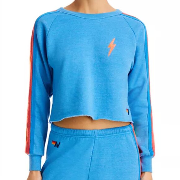 Aviator Nation Blue Bolt Lightning Rainbow Stripe Crop Raw Hem Sweatshirt Small - Picture 1 of 6
